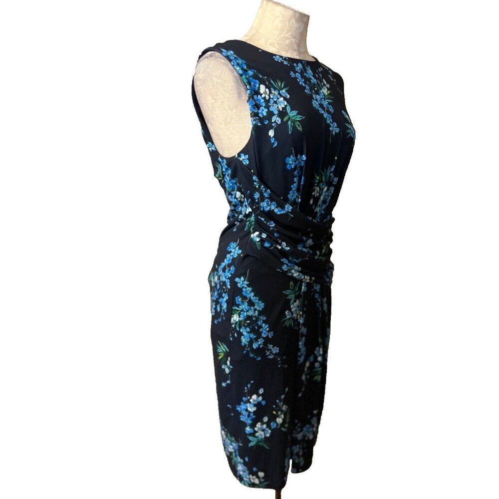 T Tahari Dress 10 Blue Floral Sleeveless Stretch Sheath Career Church Washable - Picture 8 of 9